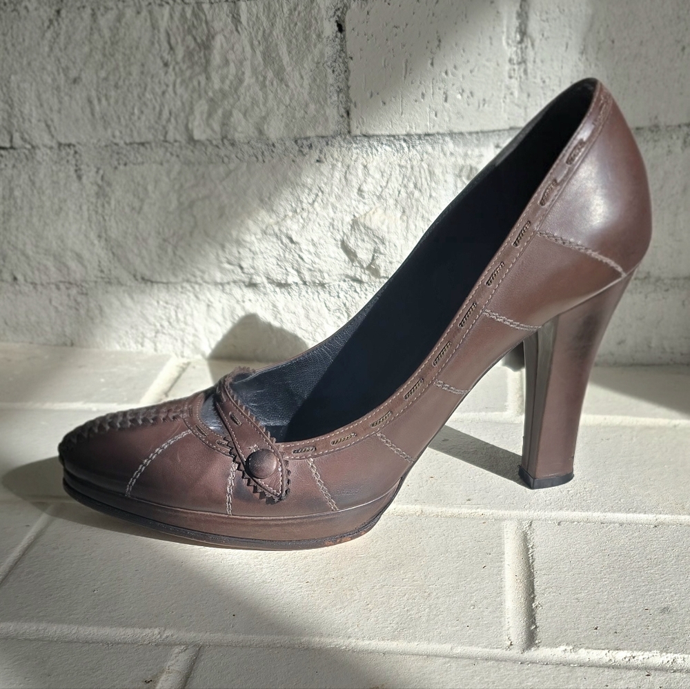 Vintage Bottega Veneta Brown Leather Stitch Detail Platform Pumps - Picture 4 of 11
